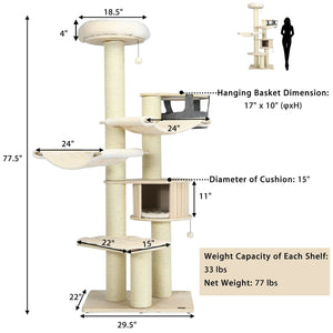 77.5-Inch Cat Tree Condo Multi-Level Kitten Activity Tower with Sisal Posts-Cream White view 5