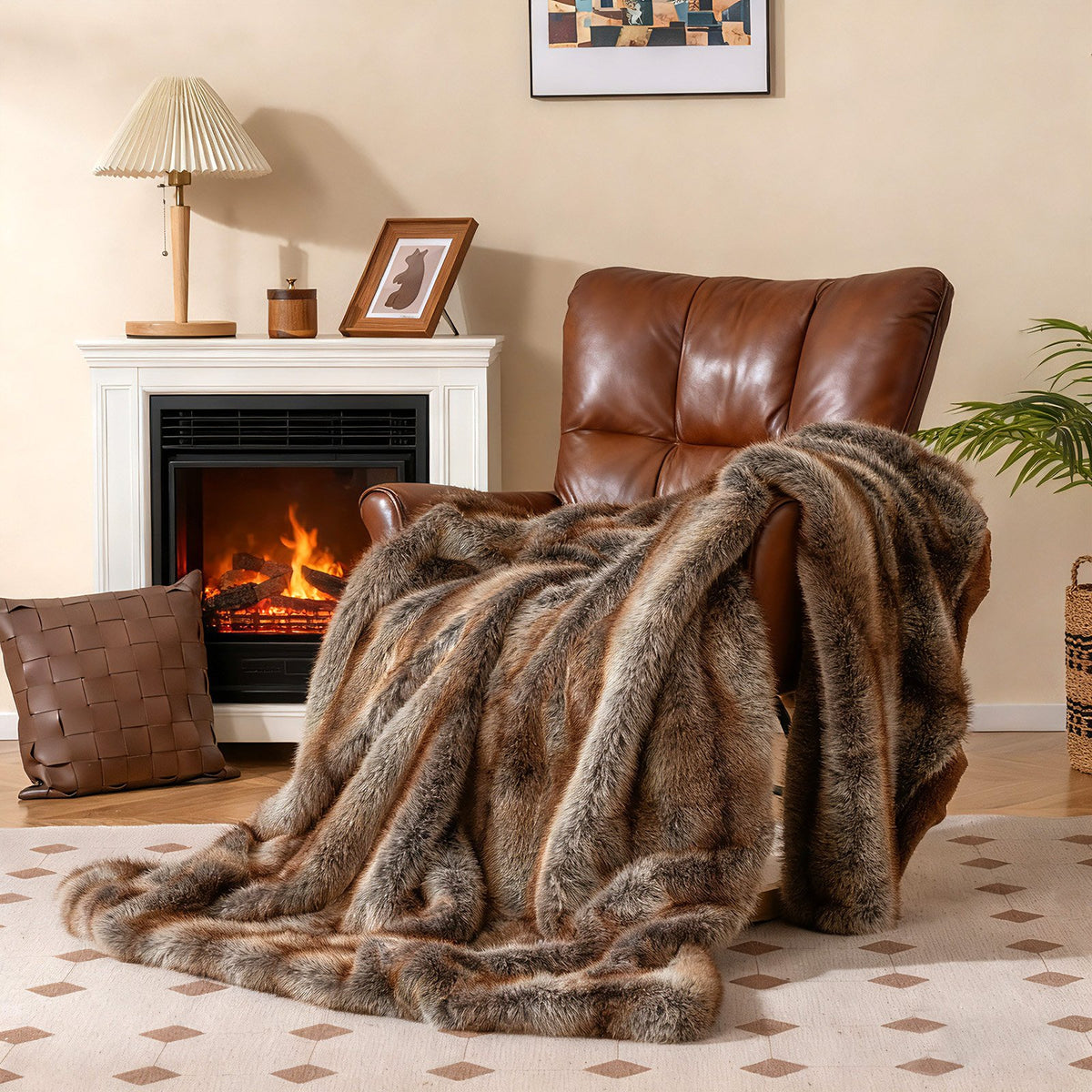 780GSM Soft Plush Fuzzy Luxury Faux Fox Fur Blanket for Sofa-Brown view 2