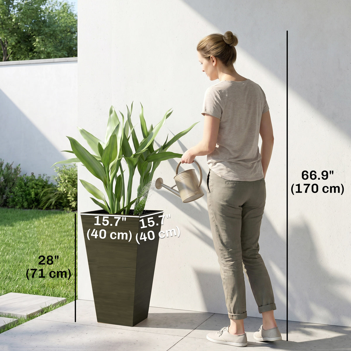 Tall Planter for Outdoor Plants Set of 3, 28 Inch Taper Planter with Drainage Holes, Bronze – view 2