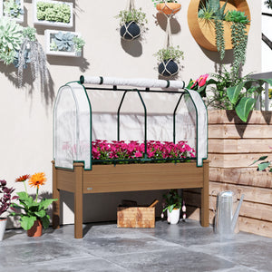 Raised Garden Bed with PE Greenhouse Cover Outdoor Elevated Wood Planter Box for Herbs and Vegetables Brown