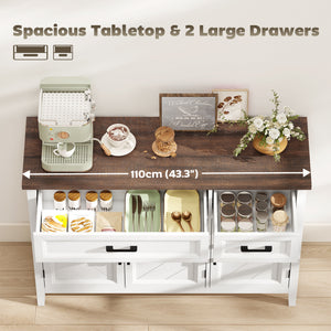 Sideboard Buffet Cabinet, 44" Farmhouse Kitchen Cabinet with 3 Chevron Doors, 2 Drawers and 2 Adjustable Shelves, White