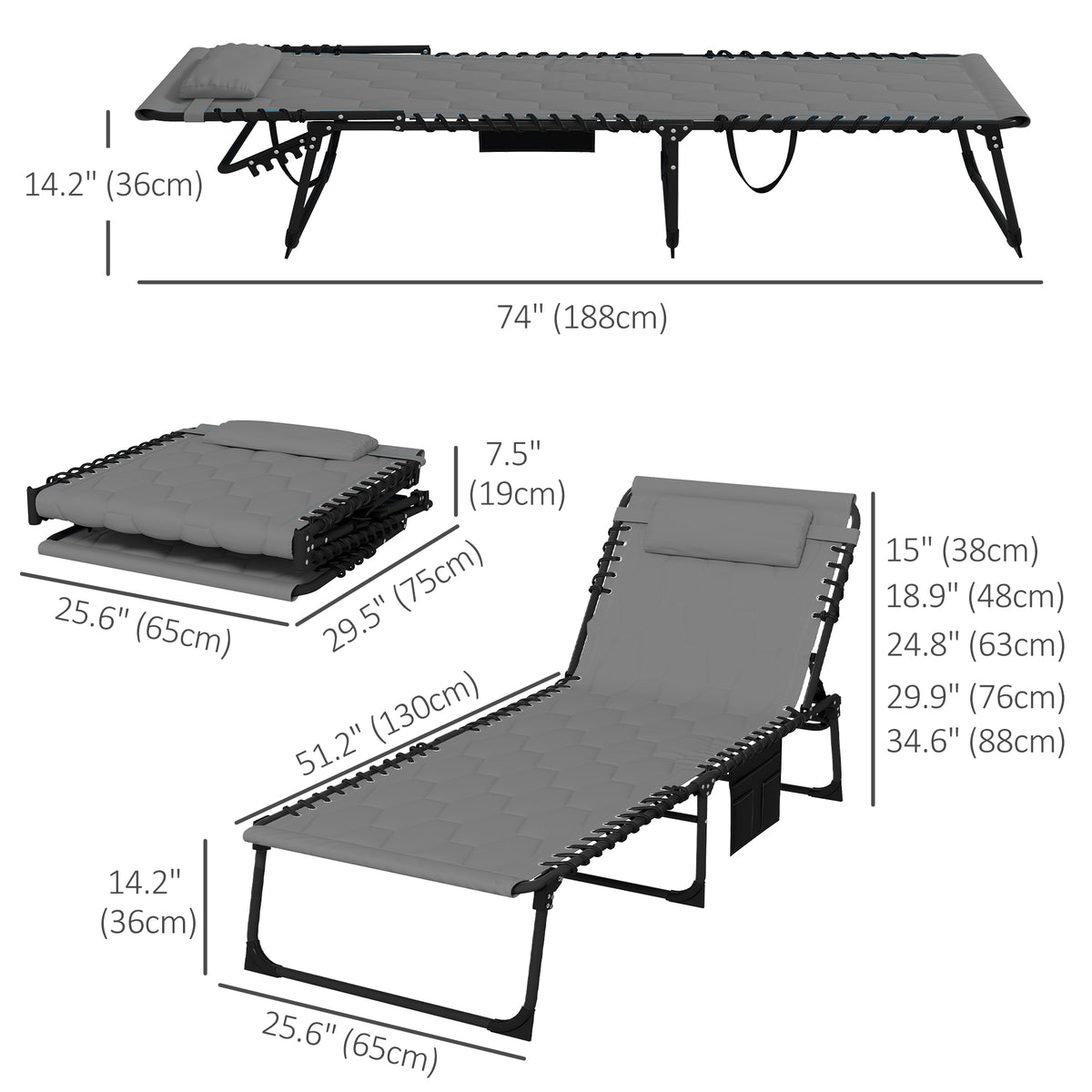 Folding Chaise Lounge with Reclining Back, 25.6" x 74" x 14.2", Grey