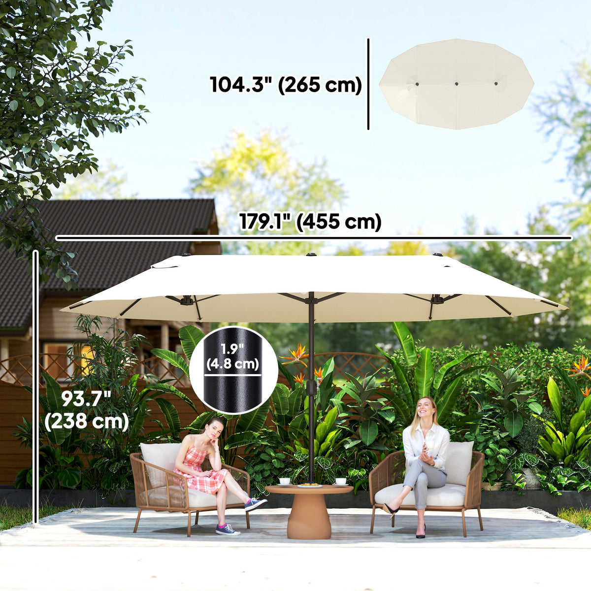 15' Outdoor Patio Umbrella with Twin Canopy Sunshade Steel Table Umbrella with Lift Crank Beige