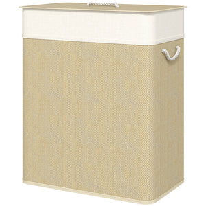 Double Laundry Basket with Lid, 100L Bamboo Laundry Hamper with Rope Handles and Removable Bags, Brown – view 8