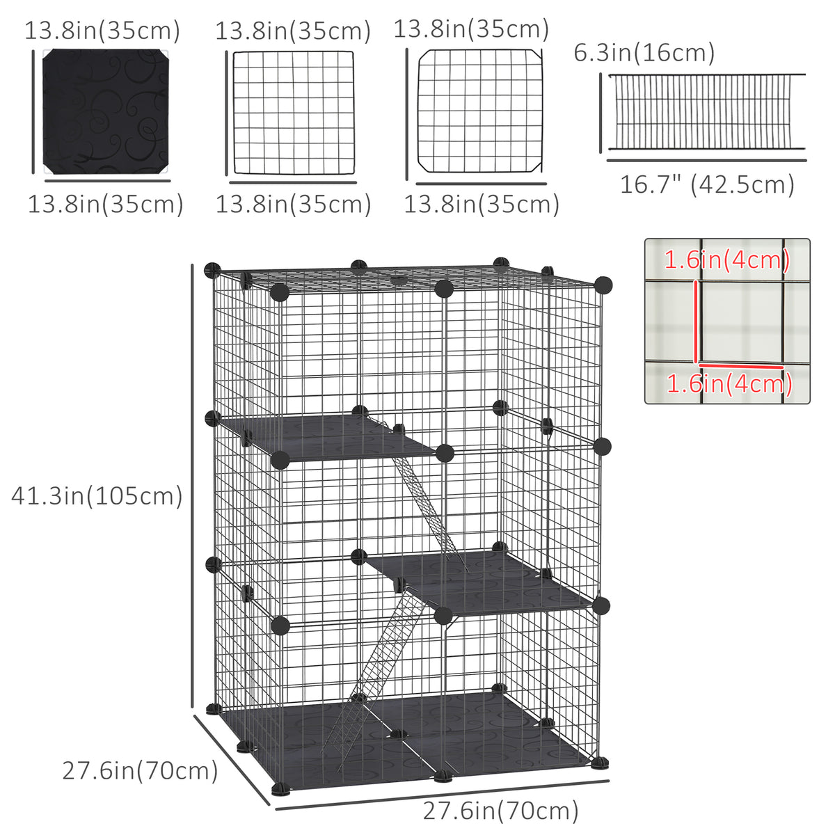 39 Pcs Small Animal Cage Bunny Hutch Portable Metal Wire with Ramps for Kitten Chinchilla, Black