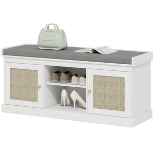 Shoe Bench with Padded Cushion, Boho Entryway Bench with Rattan Doors and Adjustable Shelves, Holds 9 Pairs, White