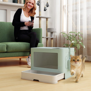 Cat Litter Box, Front Enter & Top Exit Cat Litter Tray with Scoop, Pull-out Tray, Easy to Clean, Green – view 7