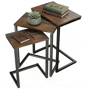 Nesting Coffee Table Set of 3, Stackable Rectangular End Tables with Wood-Effect Top, Metal Frame, Industrial & Rustic C-Shaped for Small Space, Living Room, Rustic Brown