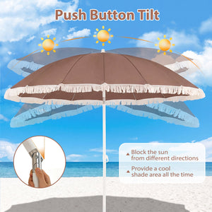 7 FT Patio Umbrella with Fringe Boho Tassel Umbrella for Outdoor Beach Garden Poolside-Brown view 8