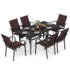 7-Piece Patio Dining Set for 6 with Rectangle Metal Table and Stackable Breathable Mesh Armchairs-Brown view 3