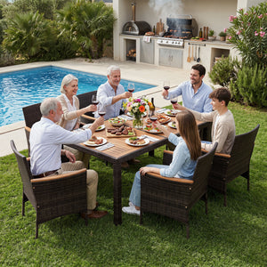 7-Piece Patio Dining Set with Wood Tabletop and Padded Cushion for Backyard-Brown view 2