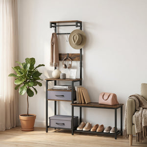 7-in-1 Hall Tree with Shoe Bench and Hooks and Removable Drawer for Entryway-Rustic Brown view 6