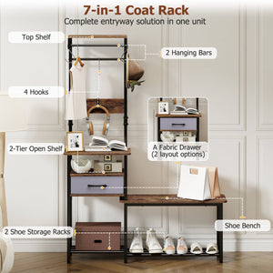 7-in-1 Hall Tree with Shoe Bench and Hooks and Removable Drawer for Entryway-Rustic Brown view 7
