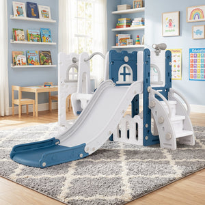 7-in-1 Toddler Swing and Slide Set L-shaped with Ladder and Basketball Hoop-Blue view 2