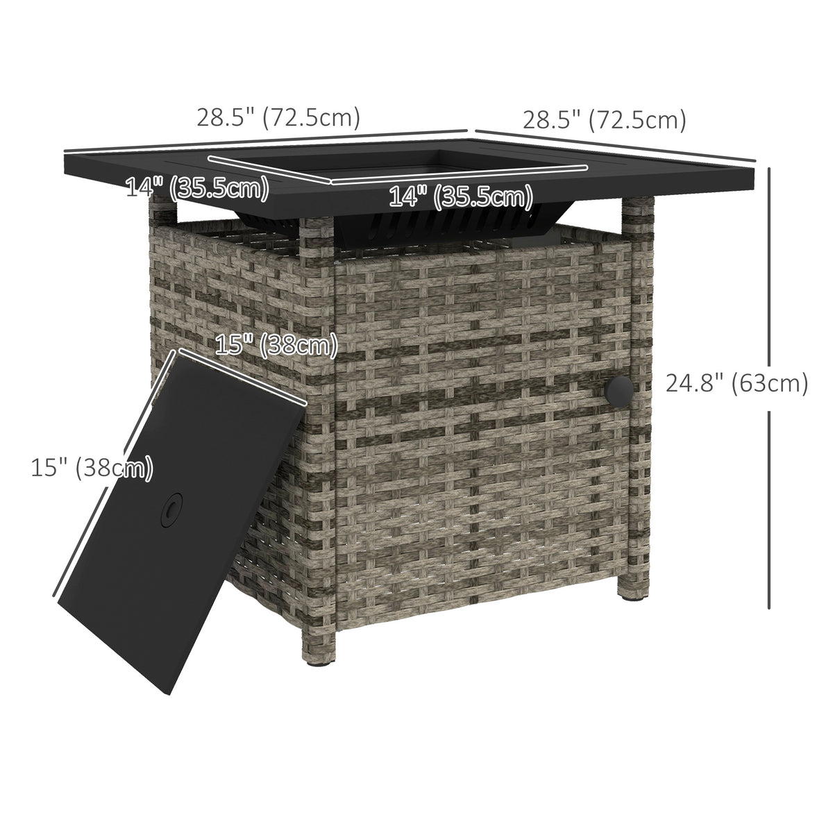 Outdoor PE Rattan Propane Fire Pit Table, 50,000 BTU Pulse-Ignition Wicker Fire Table, Mixed Grey