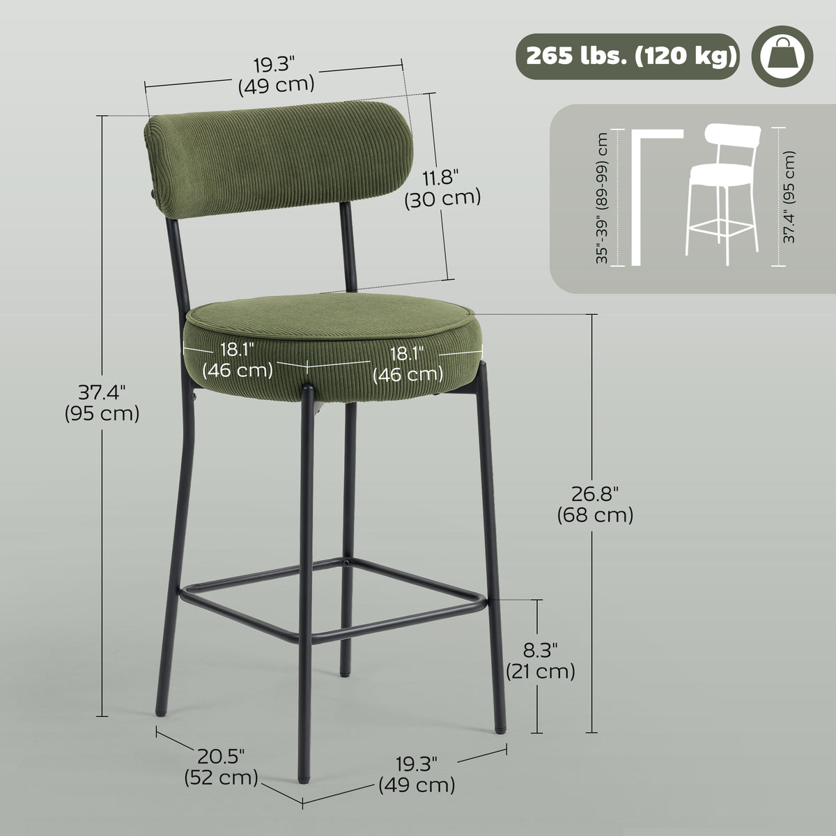 Set of 2 Barstools, Upholstered Corduroy Bar Stools with Backrest, Footrest for Kitchen Island, Dining Room, Green