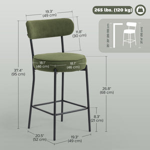 Set of 2 Barstools, Upholstered Corduroy Bar Stools with Backrest, Footrest for Kitchen Island, Dining Room, Green