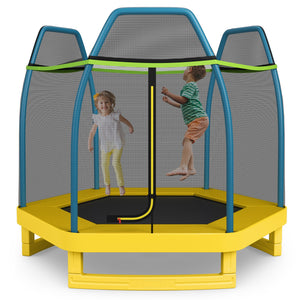 7 ft Kids Trampoline W/ Safety Enclosure Net-Yellow view 2
