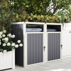 Double Garbage Bin Shed, Lockable Outdoor Storage Shed with Openable Lid, Galvanized Frame for Garden Patio, Dark Grey
