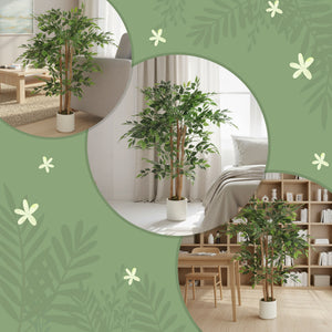 4FT Artificial Banyan Tree Set of 2, Fake Potted Tree with Solid Wood Trunk and Pot for Indoor