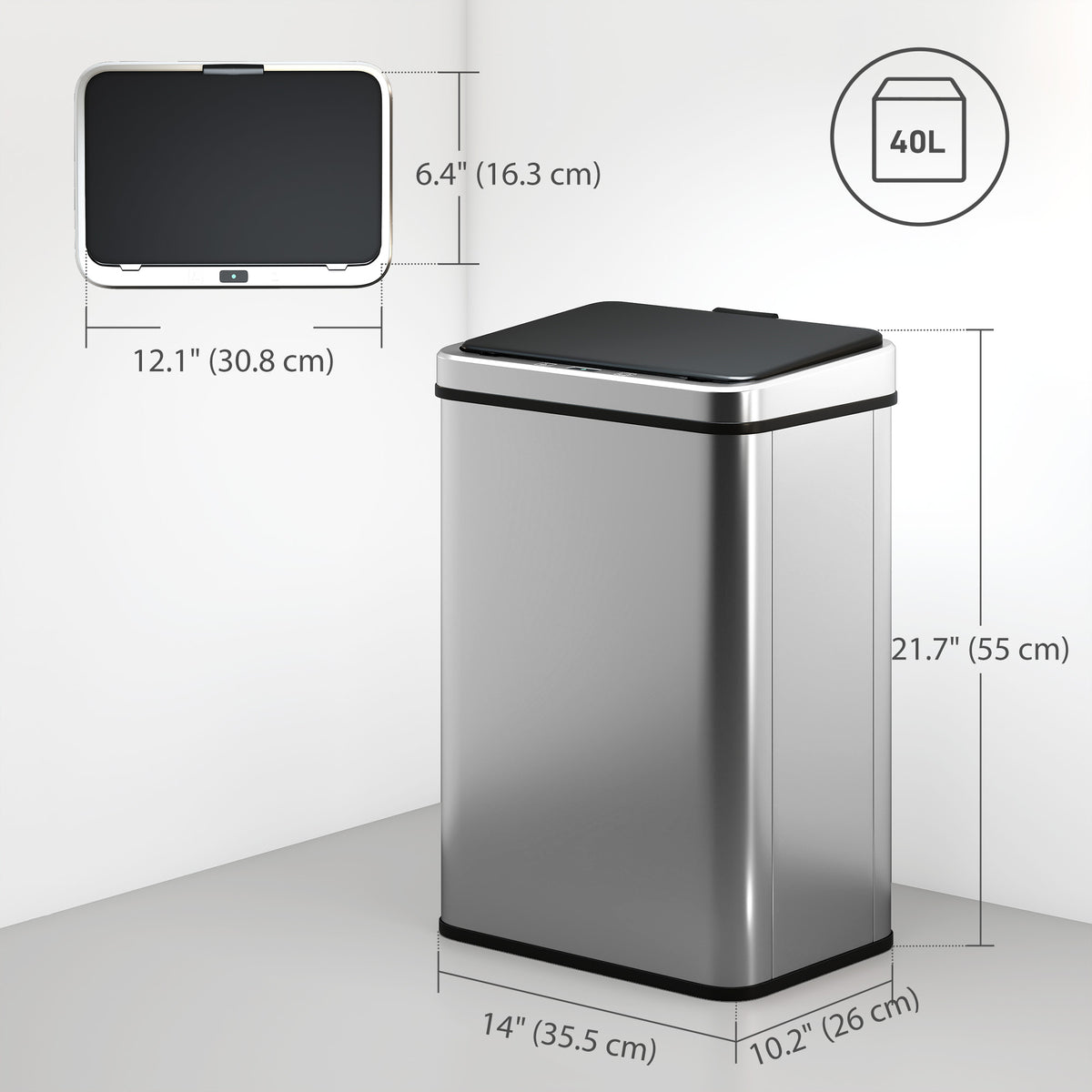 10.6 Gal (40 L) Automatic Garbage Can w/ Soft-Close Lid, Touchless Trash Can with Fingerprint Resistant Stainless Steel