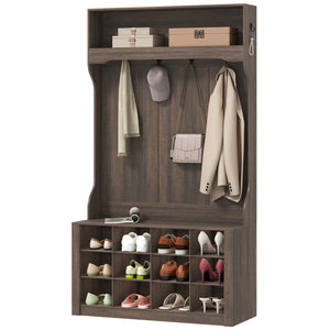 4-In-1 Hall Tree with Bench and Shoe Storage, Farmhouse Coat Rack Shoe Bench with 12 Shoe Cubbies, 6 Hooks