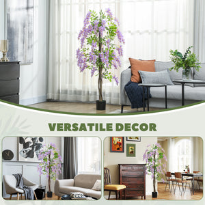 5.9FT Fake Wisteria Tree with Natural Wood Trunk, Artificial Plant in Nursery Pot, Greenery Tall Faux Floor Plant Purple
