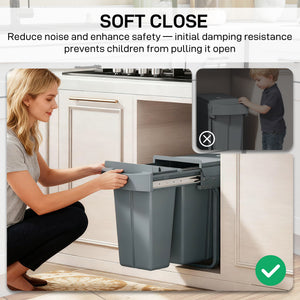 Pull Out Garbage Bin for Kitchen, 7.9 Gallon (30 L) Under Sink Garbage Can, 2 Removable Compartments, Grey