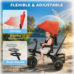 Qaba Tricycle for Toddler 5 in 1 Kids Trike, Foldable Converts Stroller to Toddler Bike, Adjustable Backrest & Curved Canopy, Detachable Guardrail & Handle for 1-5 Years Old