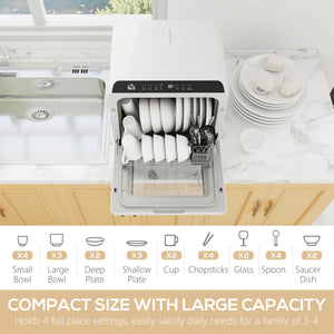 Countertop Dishwasher with Built-in 6L Water Tank, 5 Wash Programs, Touch Control, LED Display, Dual Water Supply, White