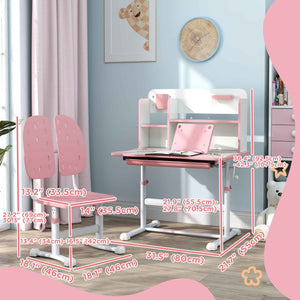 Qaba Adjustable Height Kids Desk and Chair Set, Kids Study Table and Chair with Tilt Desktop, Drawer, Reading Rack, Pink
