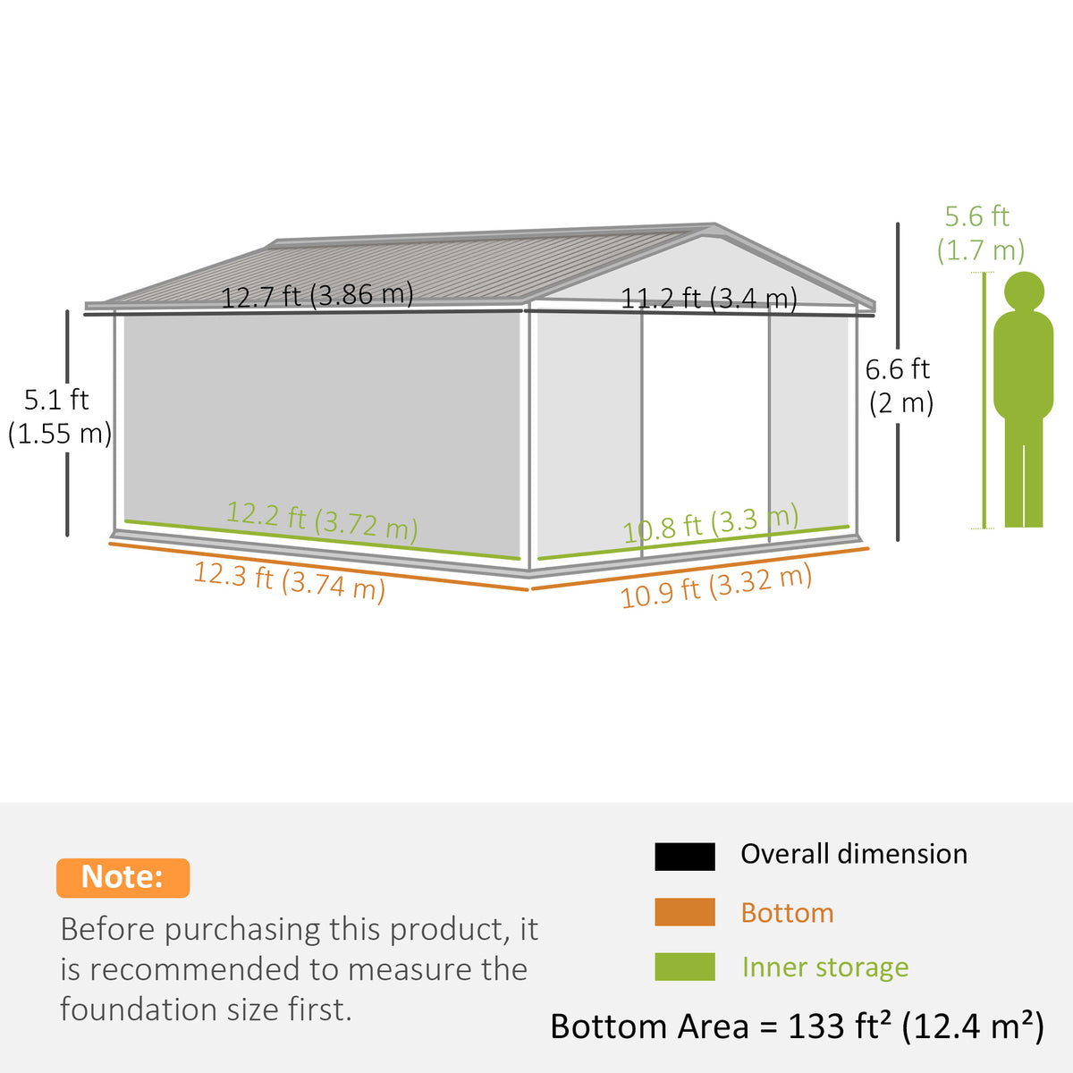 11.2ft x 12.5ft Practical Backyard Garden Storage Tool Shed 4 Ventilation Slots Double Sliding Door, Grey