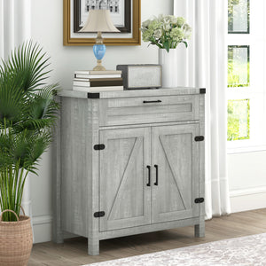 Farmhouse Kitchen Storage Cabinet, Sideboard Buffet Cabinet with 2 Rustic Barn Doors and Drawer, Oak