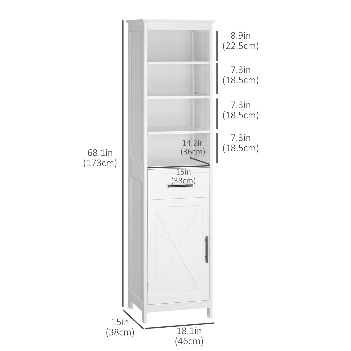 Tall Bathroom Storage Cabinet, Free Standing Bathroom Cabinet Slim Side Organizer w/ 3-Tier Open Shelf, Door, and Drawer, White