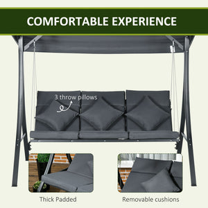 3-Person Patio Swing Chair, Outdoor Porch Swing Bench with Adjustable Canopy, Cushioned Seat, Dark Grey