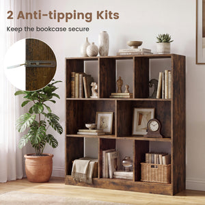 8-Cube Bookcase 3-Tier with 2-Sized Compartments and Anti-Tip Kits for Living Room-Rustic Brown view 8
