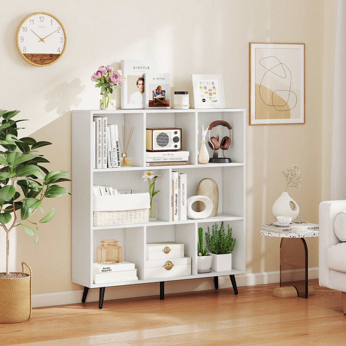 8-Cube Bookcase with 5 Tapered Metal Legs-White view 2