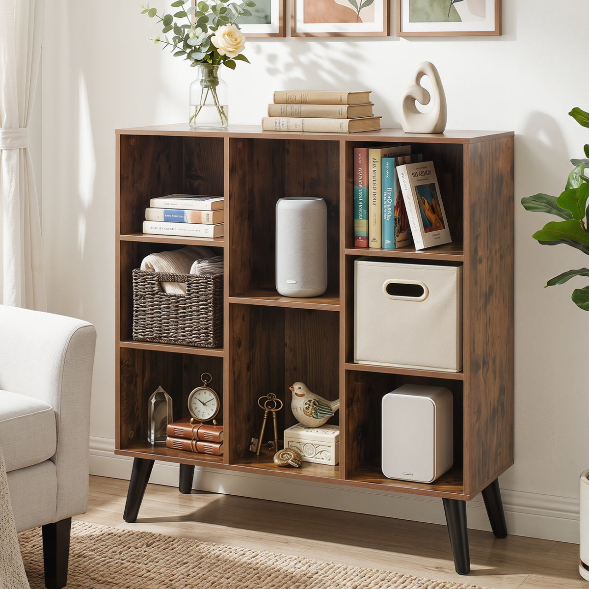 8-Cube Bookcase with Raised Support Legs for Living Room-Rustic Brown view 2