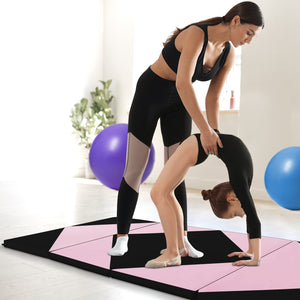 8 Feet PU Leather Folding Gymnastics Mat with Hook and Loop Fasteners-Black & Pink view 3