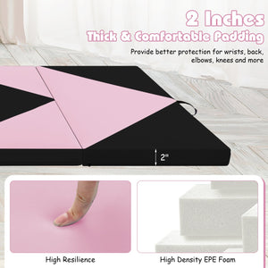 8 Feet PU Leather Folding Gymnastics Mat with Hook and Loop Fasteners-Black & Pink view 8