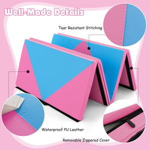 8 Feet PU Leather Folding Gymnastics Mat with Hook and Loop Fasteners-Pink & Blue view 6