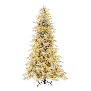 8 Feet Snow-flocked Artificial Christmas Tree Pre-lit Hinged Xmas Tree with Warm White LED Lights