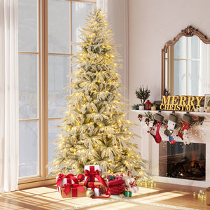 8 Feet Snow-flocked Artificial Christmas Tree Pre-lit Hinged Xmas Tree with Warm White LED Lights view 2