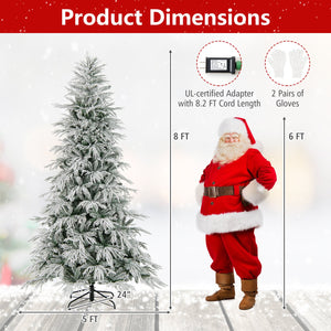 8 Feet Snow-flocked Artificial Christmas Tree Pre-lit Hinged Xmas Tree with Warm White LED Lights view 4