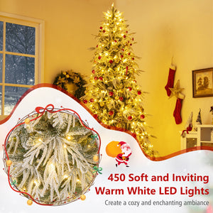 8 Feet Snow-flocked Artificial Christmas Tree Pre-lit Hinged Xmas Tree with Warm White LED Lights view 8