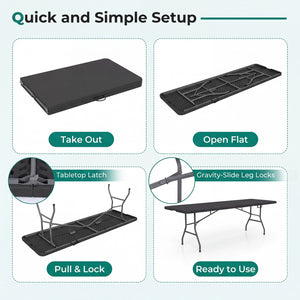 8 ft Portable Folding Table 350 LBS Fold-in-Half Table with HDPE Tabletop-Black view 7