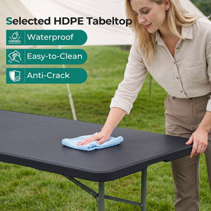 8 ft Portable Folding Table 350 LBS Fold-in-Half Table with HDPE Tabletop-Black view 8
