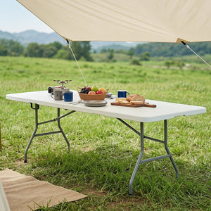 8 ft Portable Folding Table 350 LBS Fold-in-Half Table with HDPE Tabletop-White view 2