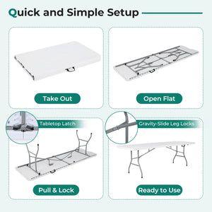 8 ft Portable Folding Table 350 LBS Fold-in-Half Table with HDPE Tabletop-White view 5