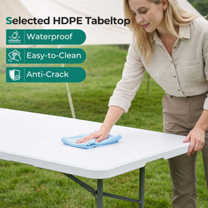 8 ft Portable Folding Table 350 LBS Fold-in-Half Table with HDPE Tabletop-White view 7
